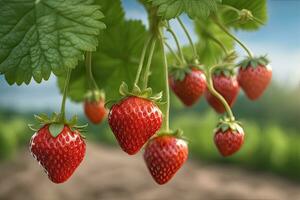 Strawberry Vine Covered in Ripe Fruit by AI Generative photo