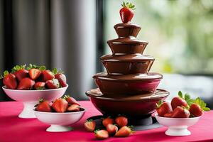 Strawberries and Chocolate Fountain by AI Generative photo