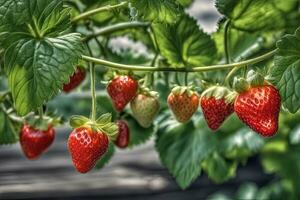 Strawberry Vine Covered in Ripe Fruit by AI Generative photo