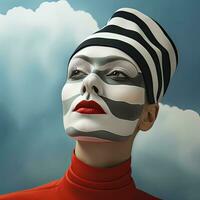 beautiful portrait of a woman with black and white makeup and a striped hat , generated by AI photo