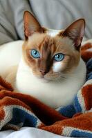 white and red Siamese cat sitting on an orange blanket with blue eyes , generated by AI photo