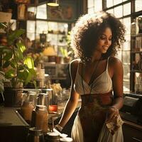 beautiful black african girl serves in a coffee bar , generated by AI photo