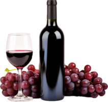 Red wine bottle with wine grapes png with AI generated.