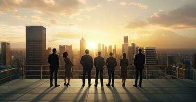 men and women business professionals standing watch the dawn of a new venture , generated by AI photo