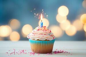 Birthday cupcake with candle on wooden table and bokeh background, Delicious birthday cupcake on table on light background, AI Generated photo