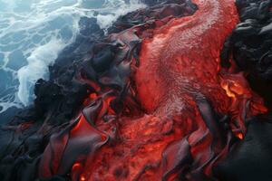 volcánico lava fluir en Hawai volcanes nacional parque, lava es entrando el Oceano con muchos pequeño fluye, ai generado foto