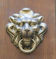 Brass door knocker in the shape of a lion's head photo