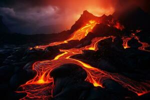 Volcanic eruption in Hawaii Volcanoes National Park, USA, lava flowing lava into a mountain, AI Generated photo