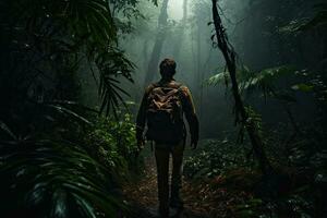 Man with backpack walking on the trail in the jungle at night, Male Hiker walking through a dense dark jungle, rear view, full body, AI Generated photo