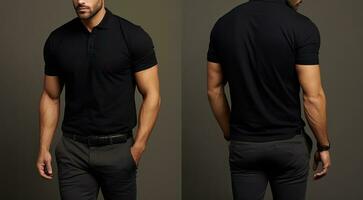 Blank black polo t-shirt mockup, front and back view, Male model wearing a simple black polo tshirt on a White background, front view and back view, top section croppedped, AI Generated photo