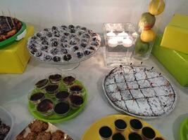 buffet and finger food of desserts with cakes. High quality photo