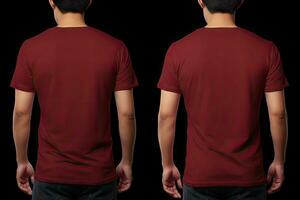 Male tshirt front and back view isolated on black background with clipping path, Male model wearing a dark maroon color VNeck tshirt on a White background, front view and back, AI Generated photo