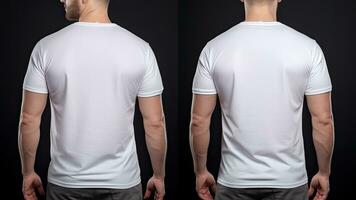 Blank white tshirt template front and back view isolated on black background, Male model wearing a simple white polo shirt on a Black background, front view and back view, AI Generated photo