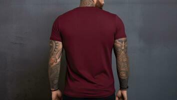 Tattooed man in a red tshirt on a grey background, Male model wearing a dark maroon color VNeck tshirt on a White background, front view and back view, top section cropped, AI Generated photo