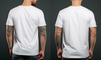 Mockup of male tshirt with tattoo on man body, front and back view, Male model wearing a simple white polo shirt on a Black background, front view and back view, top section croppedped, AI Generated photo