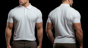 Man in white polo tshirt on black background, front and back view, Male model wearing a simple white polo shirt on a Black background, front view and back view, top section croppedped, AI Generated photo