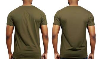 Male tshirt template front and back view isolated on white background, Male model wearing a dark olive color VNeck tshirt on a White background, front view and back view, top section, AI Generated photo