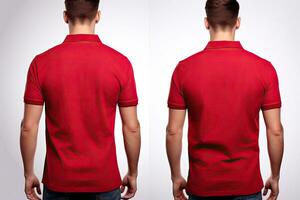 Male polo tshirt mockup, front and back view, Male model wearing a simple red polo shirt on a white background, top section cropped, front view and back view, AI Generated photo