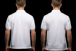 Blank white tshirt mockup, front and back view, isolated on black background, Male model wearing a simple white polo shirt on a Black background, front view and back view, AI Generated photo