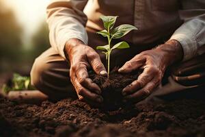 Cropped image of senior African American man planting a tree in the fertile soil, Farmer hands planting seeds in soil. Gardening and agriculture concept, AI Generated photo