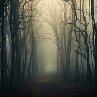 haunting landscape shot of many tree trunks forest spooky haunting creepy mist , generated by AI photo