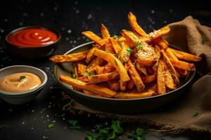 Fried sweet potato fries with ketchup, mustard and parsley, Sweet potato fries with mayo and ketchup, AI Generated photo