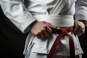tae kwon hacer estudiante en blanco kimono con rojo cinturón, combatiente apretar kárate cinturón, parte superior sección recortado, ai generado foto
