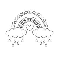 Hand-drawn cute rainbowand clouds for coloring book. Vector illustration isolated element. Black and white outline image