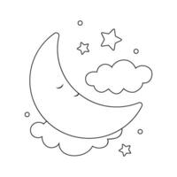 Hand-drawn cute moon and clouds for coloring book. Vector illustration isolated element. Black and white outline image