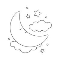 Hand-drawn cute moon and clouds for coloring book. Vector illustration isolated element. Black and white outline image