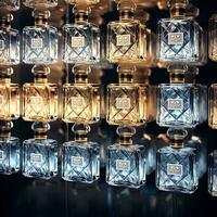 wall of frosted perfume bottles. They are stacked on top of eachother and side by side , generated by AI photo