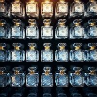 pared de escarchado perfume botellas ellos son apilado en parte superior de mutuamente y lado por lado , generado por ai foto