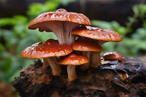 flammulina velutipes hongos en un tocón en el bosque, lingzhi champiñón, ganoderma lucidum lingzhi champiñón, ai generado foto