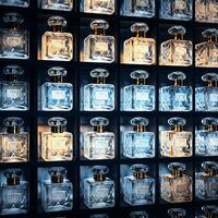 wall of frosted perfume bottles. They are stacked on top of eachother and side by side , generated by AI photo