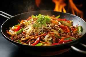 Stir fry noodles with beef and vegetables in wok on fire, Indulge in the fiery excitement of Asian street food with a sizzling wok filled with stir-fried noodles, vibrant vegetables, AI Generated photo