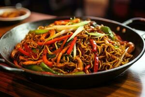 stir-fried yakisoba noodle with chili and vegetables, Indulge in the fiery excitement of Asian street food with a sizzling wok filled with stir-fried noodles, vibrant vegetables, AI Generated photo