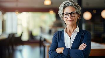 a stern frowning mature female office manager with arms crossed , generated by AI photo