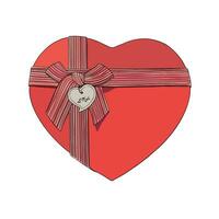 Vector illustration of vintage red heart box with stripped ribbon bow and name card. Image for postcard or sweets or gift box for Valentines day