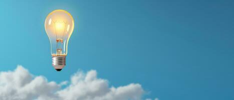 ligero bulbo iluminado en azul cielo como brillante idea negocio idea , generado por ai foto