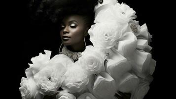 retrato de negro mujer retrato en elegante ropa en natural ligero , generado por ai foto