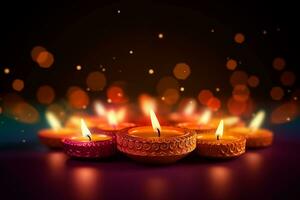 Diwali or Deepavali festival candles in dark night bokeh background, AI generative photo