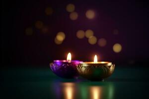 luz de una vela en oscuro noche bokeh fondo, diwali o deepavali festival concepto, ai generativo foto