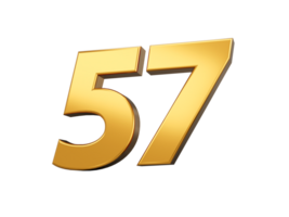 oro numero 57 cinquanta Sette . brillante 3d numero fatto di oro 3d illustrazione png