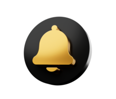Bell icon on black icon with gold button. 3d illustration png