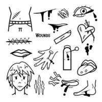 Wounds or scars themed vector icon set collection with black outlines isolated on square white background. Wounds from various body parts. Simple flat cartoon art styled drawing.