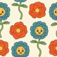 Groovy flowers seamless pattern. Retro 70s smiling face flowers graphic elements isolated. Hippie, peace, flower power simple linear style Groovy decorative vector illustration. Retro vintage flowers.