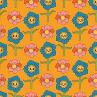 Groovy flowers seamless pattern. Retro 70s smiling face flowers graphic elements isolated. Hippie, peace, flower power simple linear style Groovy decorative vector illustration. Retro vintage flowers.