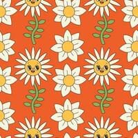 Groovy flowers seamless pattern. Retro 70s smiling face flowers graphic elements isolated. Hippie, peace, flower power simple linear style Groovy decorative vector illustration. Retro vintage flowers.