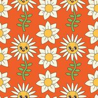 Groovy flowers seamless pattern. Retro 70s smiling face flowers graphic elements isolated. Hippie, peace, flower power simple linear style Groovy decorative vector illustration. Retro vintage flowers.