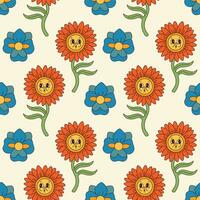 Groovy flowers seamless pattern. Retro 70s smiling face flowers graphic elements isolated. Hippie, peace, flower power simple linear style Groovy decorative vector illustration. Retro vintage flowers.